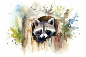 Paint a curious raccoon peeking out of a tree hollow watercolor painting, beautiful natural forms, crisp clean shapes, colorful, white background, generate ai photo