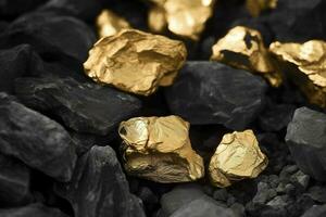 Shiny gold nuggets on coals, closeup view, generate ai photo