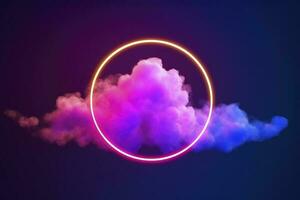 3d render, abstract cloud illuminated with neon light ring on dark night sky. Glowing geometric shape, round frame, generate ai photo