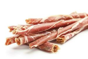 Tasty Italian Grissini with slices of jamon on white background, generate ai photo