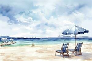Beautiful beach banner. White sand, chairs, and umbrella travel tourism wide panorama background concept. Amazing beach watercolor landscape watercolor painting, generate ai photo