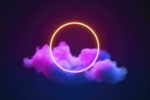 3d render, abstract cloud illuminated with neon light ring on dark night sky. Glowing geometric shape, round frame, generate ai photo
