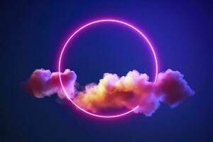 3d render, abstract cloud illuminated with neon light ring on dark night sky. Glowing geometric shape, round frame, generate ai photo