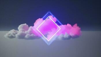 3d render, abstract minimal background with pink blue yellow neon light square frame with copy space, illuminated stormy clouds, glowing geometric shape, generate ai photo