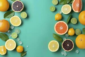 Citrus paradise concept. Top view of juicy oranges, lemons, limes and grapefruits on turquoise background with empty space for promotional text, generate ai photo