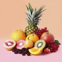 Many different fresh fruits on light pink background, generate ai photo