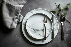 White plate and cutlery on stone table. Table setting, flat lay image, generate ai photo