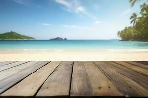 vacío de madera mesa en un hermosa blured tropical playa antecedentes. verano fiesta antecedentes para producto mostrar, generar ai foto