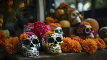 día de el muerto calaveras dia Delaware los muertos. día de el muerto y mexicano Víspera de Todos los Santos antecedentes. mexicano tradicion festival. día de el muerto azúcar cráneo. dia Delaware los muertos, generar ai foto