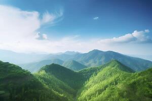 World environment day concept, Green mountains and beautiful blue sky clouds photo