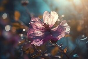 pink flowers with the sun shining through the clouds in the background and the grass in the foreground is a field of purple flowers. photo