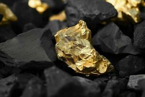 Shiny gold nuggets on coals, closeup view, generate ai photo