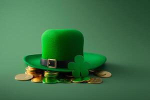 Green st patrick day hat with coins and clover on green background with copy space. photo