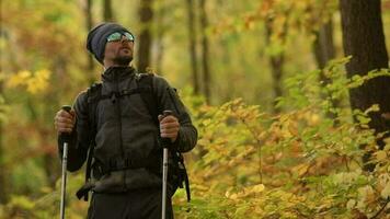 Caucasian Hiker Looking For Birds on a Tree. Fall Foliage Scenery. Scenic Hike. video