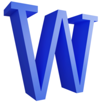 Alphabet W side view icon isolated on transparent background, 3D render blue big letters text element clipping path png