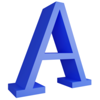 Alphabet A side view icon isolated on transparent background, 3D render blue big letters text element clipping path png