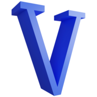 Alphabet V side view icon isolated on transparent background, 3D render blue big letters text element clipping path png