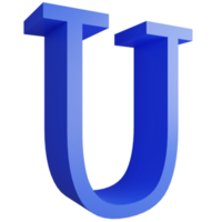 Alphabet U side view icon isolated on transparent background, 3D render blue big letters text element clipping path png