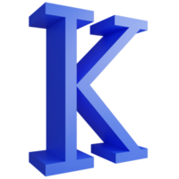 Alphabet K side view icon isolated on transparent background, 3D render blue big letters text element clipping path png