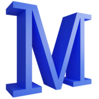 Alphabet M side view icon isolated on transparent background, 3D render blue big letters text element clipping path png