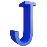 Alphabet J side view icon isolated on transparent background, 3D render blue big letters text element clipping path png