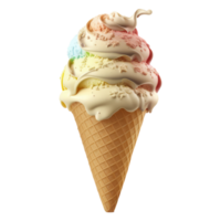 la glace crème cône rempli avec vanille, Chocolat et fraise . ai généré png