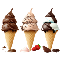 la glace crème cône rempli avec vanille, Chocolat et fraise . ai généré png