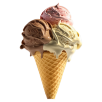 la glace crème cône rempli avec vanille, Chocolat et fraise . ai généré png