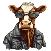 Watercolor funny cow wearing glasses . png