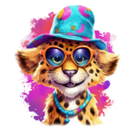 Watercolor funny cheetah wearing sunglasses . png