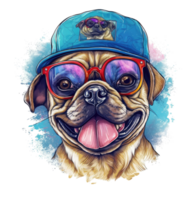 Watercolor funny Pug dog wearing sunglasses . png