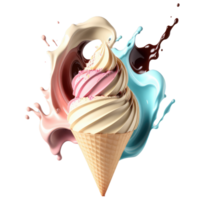 ghiaccio crema cono pieno con vaniglia, cioccolato e fragola . ai generato png