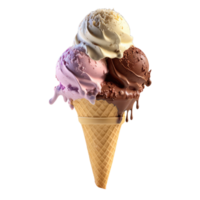 la glace crème cône rempli avec vanille, Chocolat et fraise . ai généré png