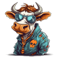 Watercolor funny cow wearing glasses . png