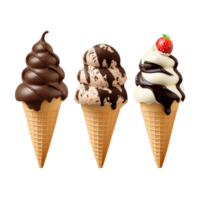 gelo creme cone preenchidas com baunilha, chocolate e morango . ai gerado png