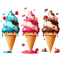 Ice Cream Cone Filled with Vanilla, Chocolate and Strawberry . png