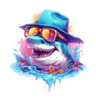Watercolor funny shark wearing sunglasses . png
