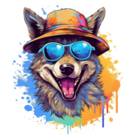 Watercolor funny wolf wearing sunglasses . png