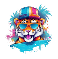 Watercolor funny Tiger wearing sunglasses . png