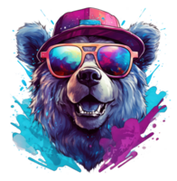 Watercolor funny grizzly Bear wearing sunglasses . png