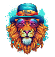 Watercolor funny lion wearing sunglasses . AI Generated png