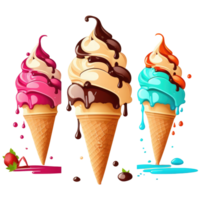 Ice Cream Cone Filled with Vanilla, Chocolate and Strawberry . png