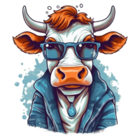 Watercolor funny cow wearing glasses . png