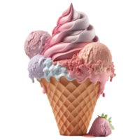 la glace crème cône rempli avec vanille, Chocolat et fraise . ai généré png