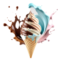 ghiaccio crema cono pieno con vaniglia, cioccolato e fragola . ai generato png