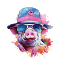 vattenfärg rolig gris bär solglasögon . ai genererad png