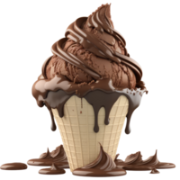 hielo crema cono lleno con vainilla, chocolate y fresa . ai generado png