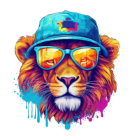 Watercolor funny lion wearing sunglasses . png