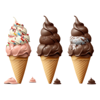 gelo creme cone preenchidas com baunilha, chocolate e morango . ai gerado png