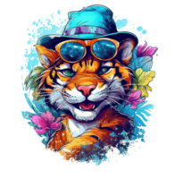 Watercolor funny Tiger wearing sunglasses . png